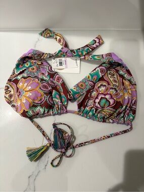 NWT BECCA Purple & Teal Paisley Triangle Bikini Top D cup